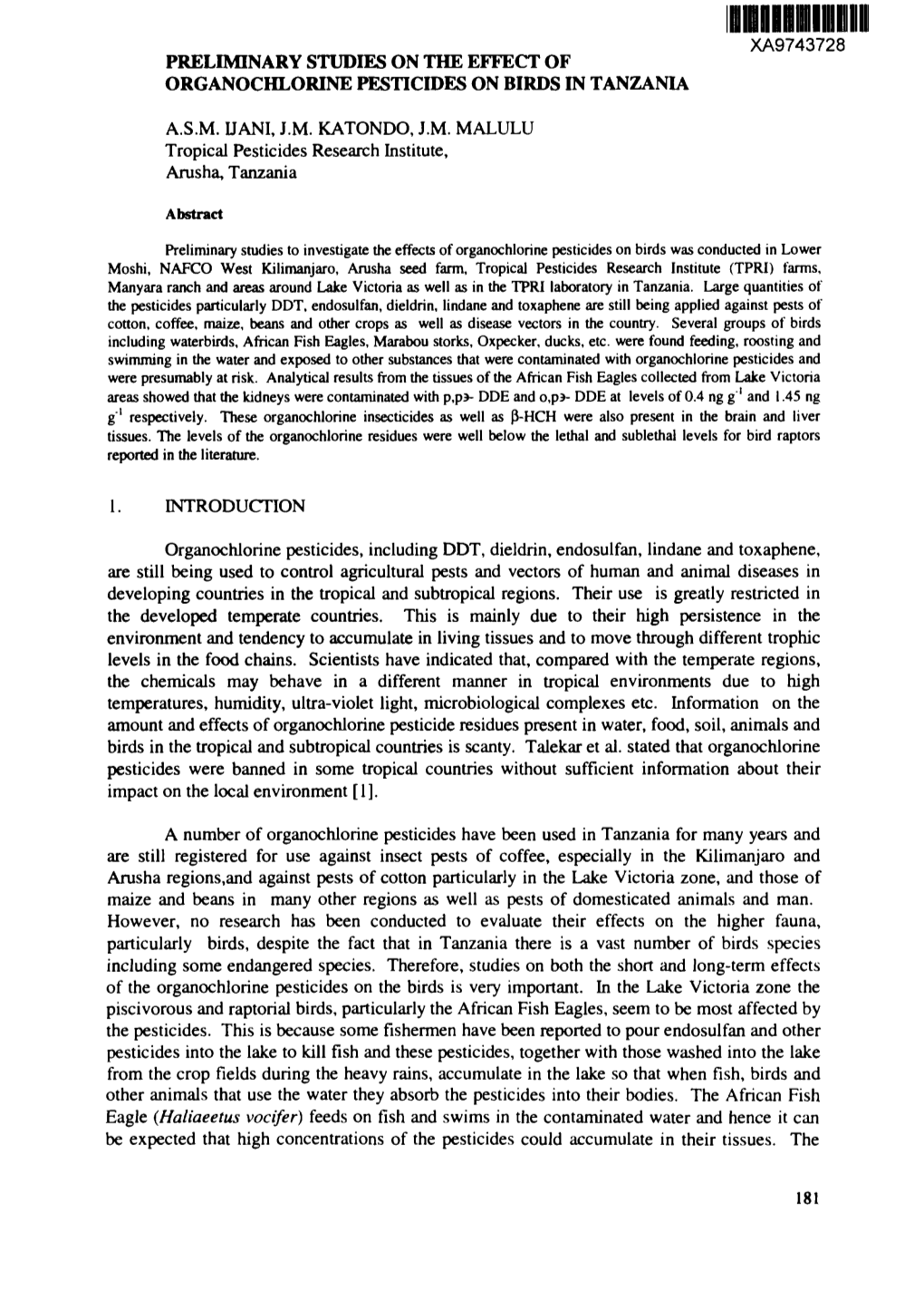 Preliminary Studies on the Effect of Organochlorine Pesticides on Birds in Tanzania