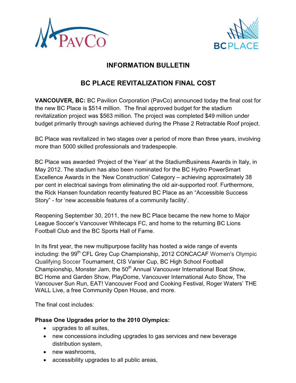 Information Bulletin Bc Place Revitalization Final Cost