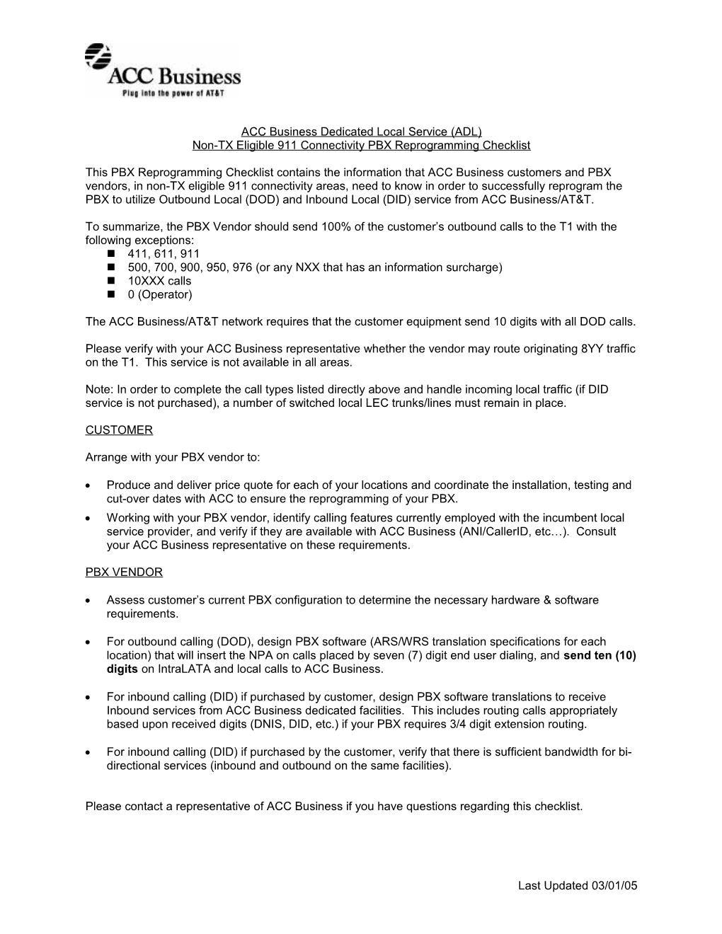 Non-TX Eligible 911 Connectivity PBX Reprogramming Checklist