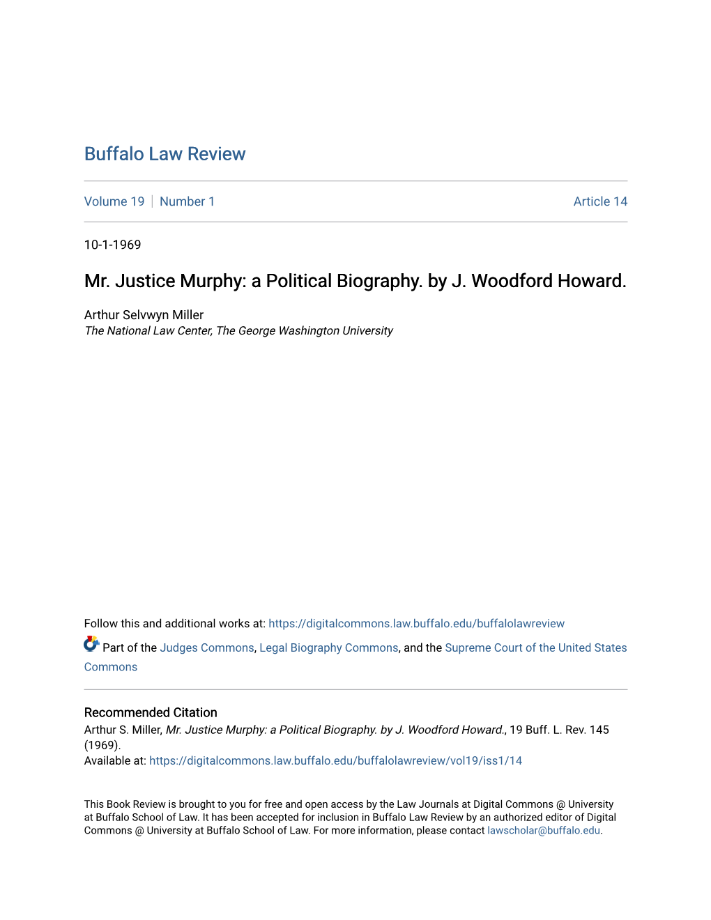 Mr. Justice Murphy: a Political Biography. by J. Woodford Howard