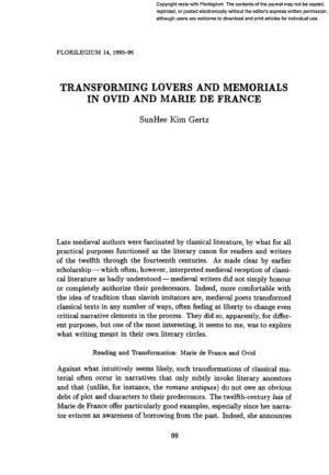 Transforming Lovers and Memorials in Ovid and Marie De France