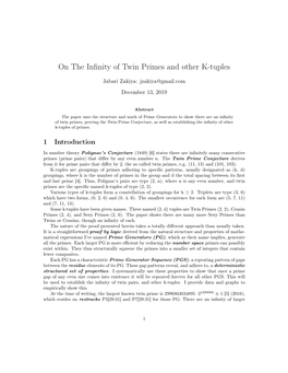 On the Infinity of Twin Primes and Other K-Tuples