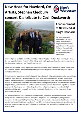 New Head for Hawford, OV Artists, Stephen Cleobury Concert & A