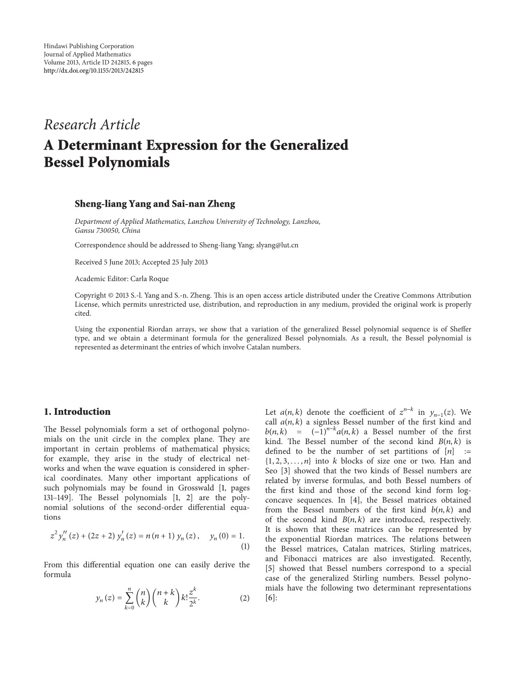 A Determinant Expression for the Generalized Bessel Polynomials