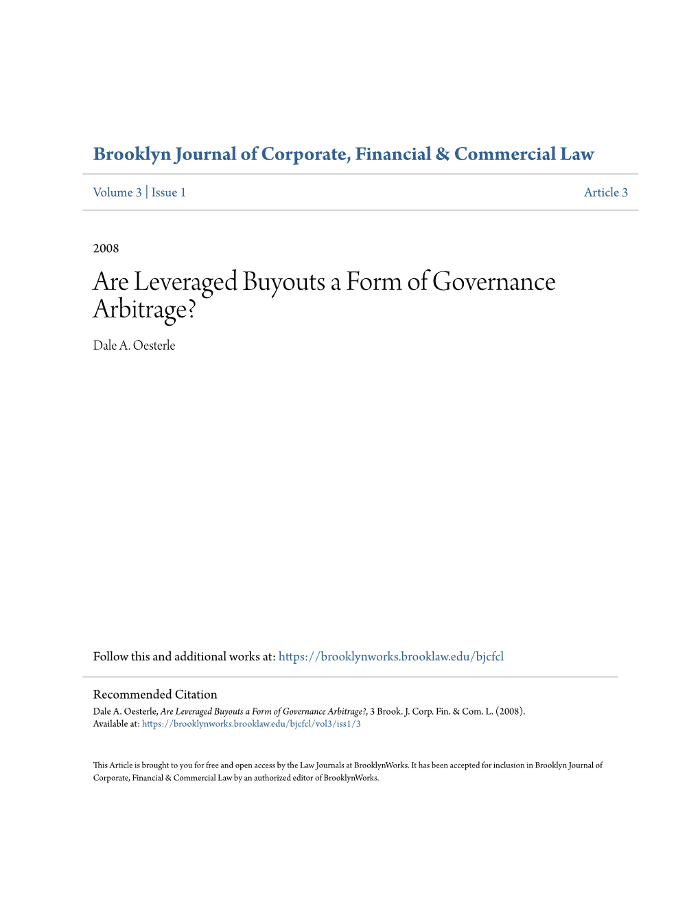 Are Leveraged Buyouts a Form of Governance Arbitrage? Dale A