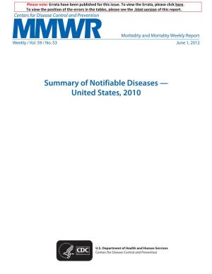 Summary of Notifiable Diseases — United States, 2010