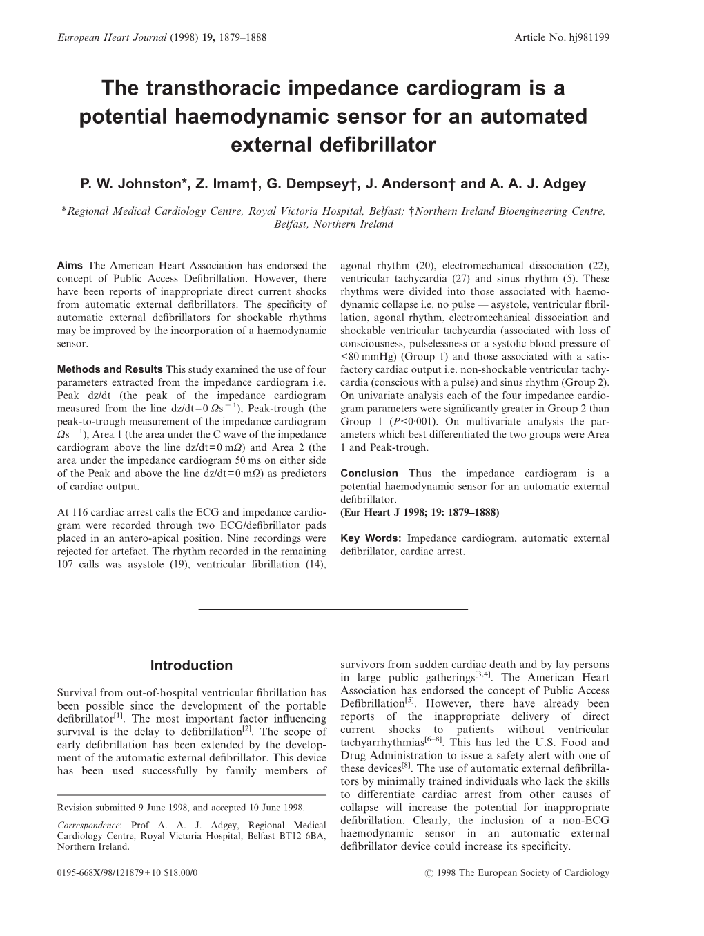 The Transthoracic Impedance Cardiogram Is a Potential Haemodynamic Sensor for an Automated External Deﬁbrillator