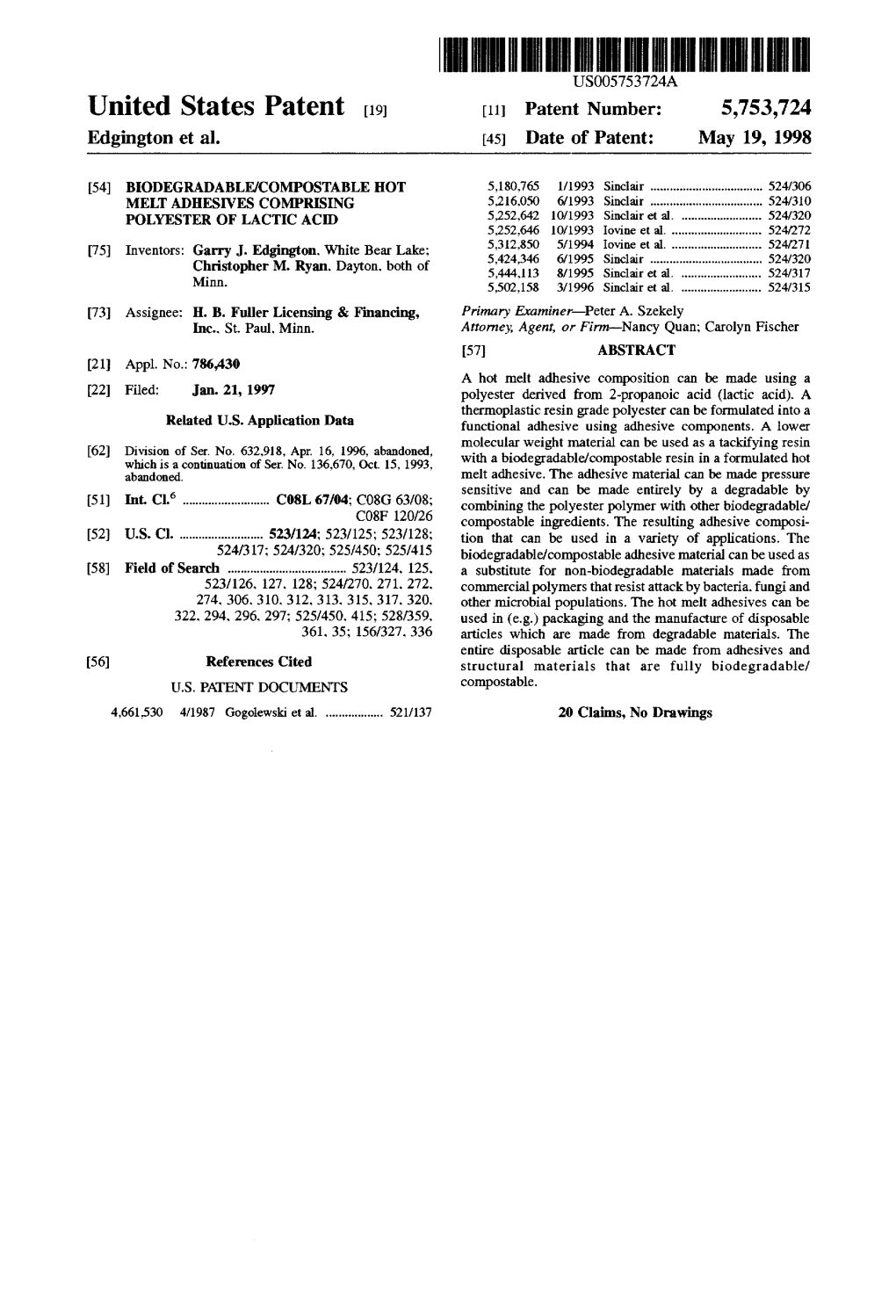 United States Patent (19) 11 Patent Number: 5,753,724 Edgington Et Al