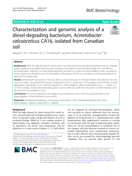 Characterization and Genomic Analysis of a Diesel-Degrading Bacterium, Acinetobacter Calcoaceticus CA16, Isolated from Canadian Soil Margaret T