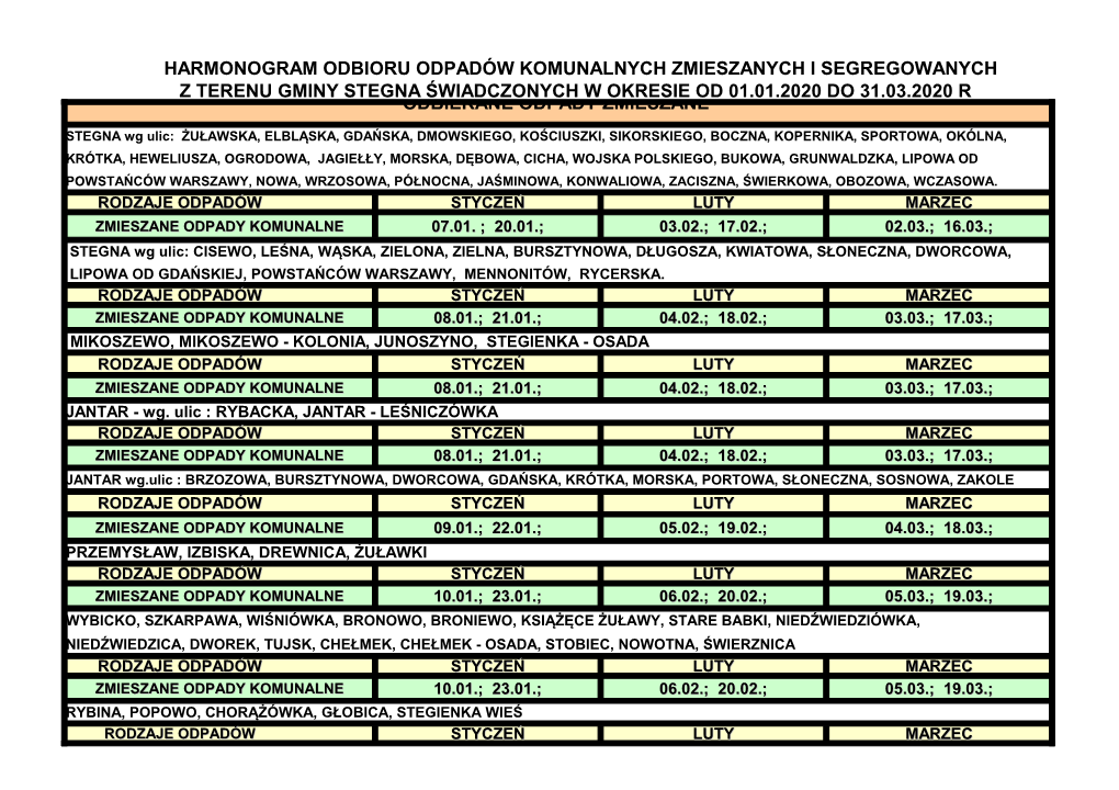Harmonogram Odbioru Odpadów