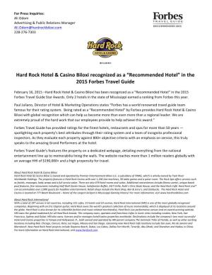 Hard Rock Hotel & Casino Biloxi Recognized As a “Recommended Hotel” In