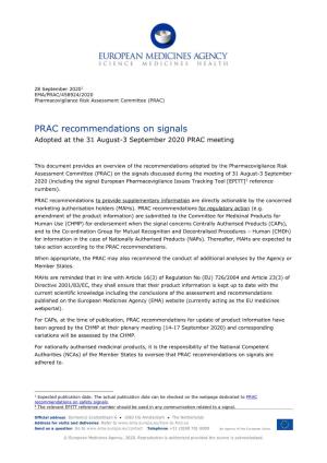 PRAC Recommendations on Signals Adopted at the 31 Aug-3 Sep 2020