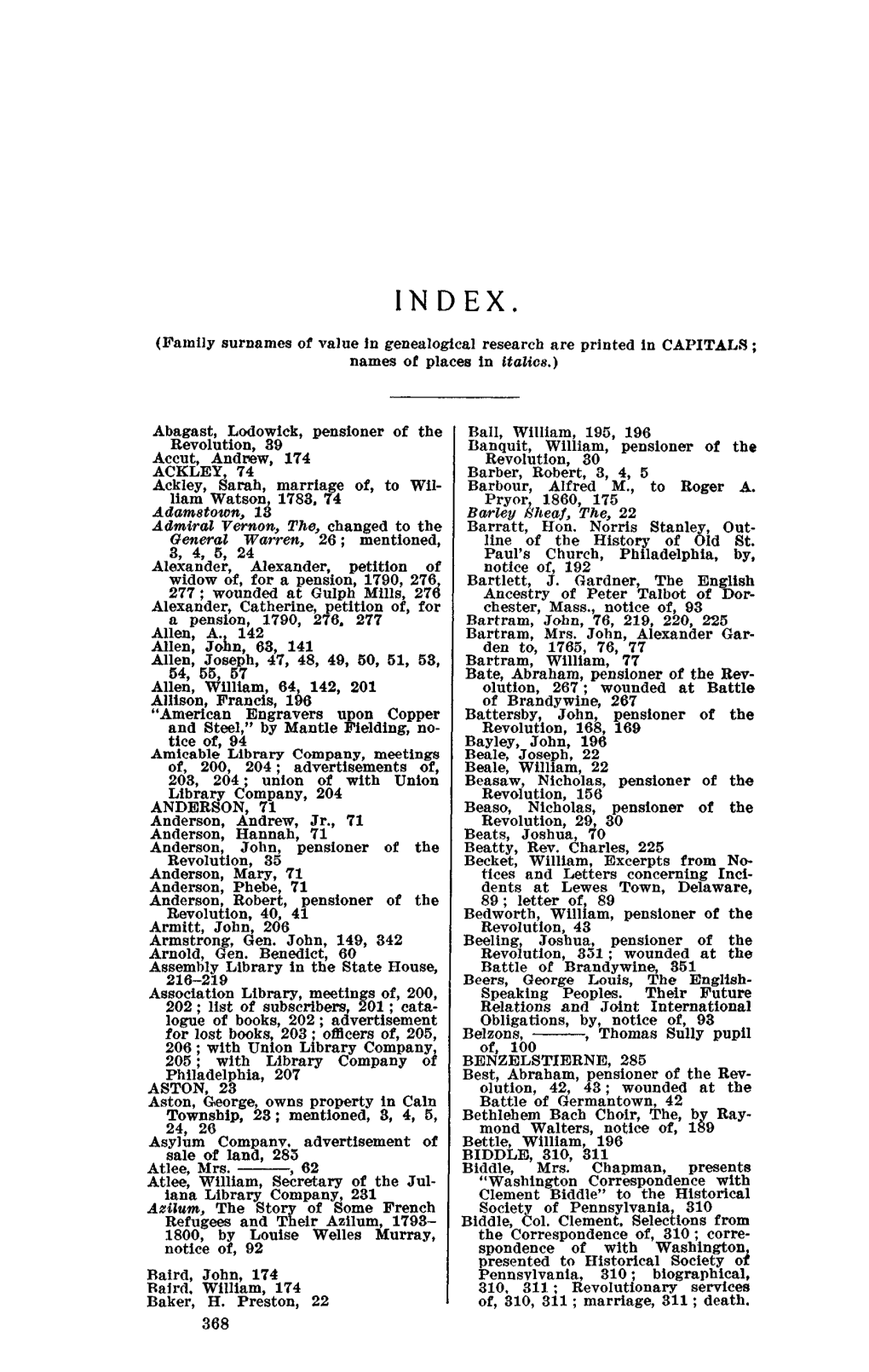 INDEX. (Family Surnames of Value in Genealogical Research Are Printed in CAPITALS; Names of Places in Italics.)