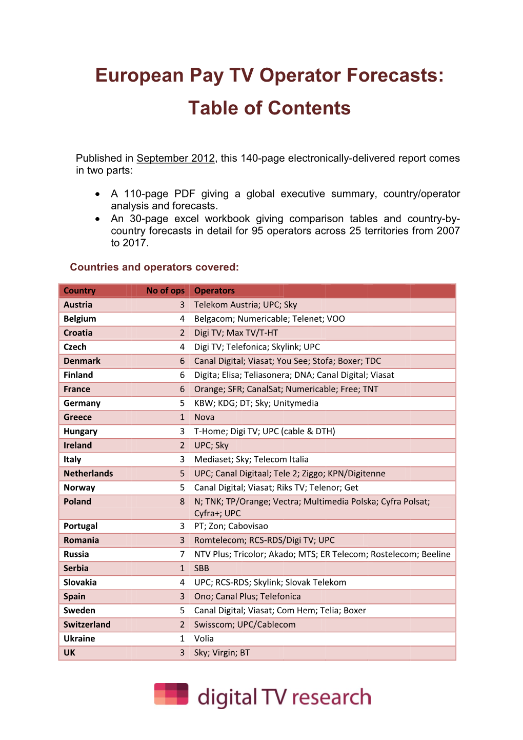 European Pay TV Operator Forecasts: Table of Contents