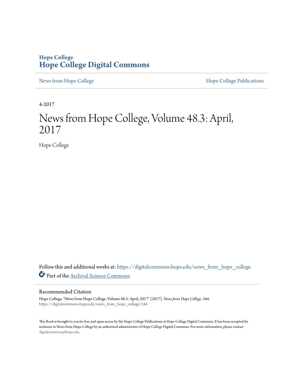 News from Hope College, Volume 48.3: April, 2017 Hope College