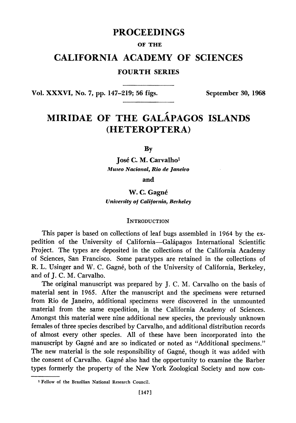 Proceedings California Academyof Sciences Miridae of the Galapagos Islands