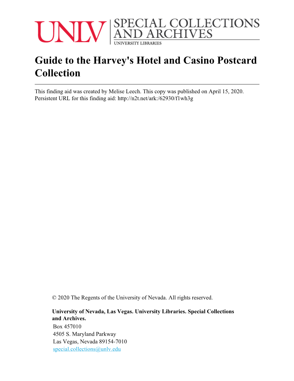 Guide to the Harvey's Hotel and Casino Postcard Collection