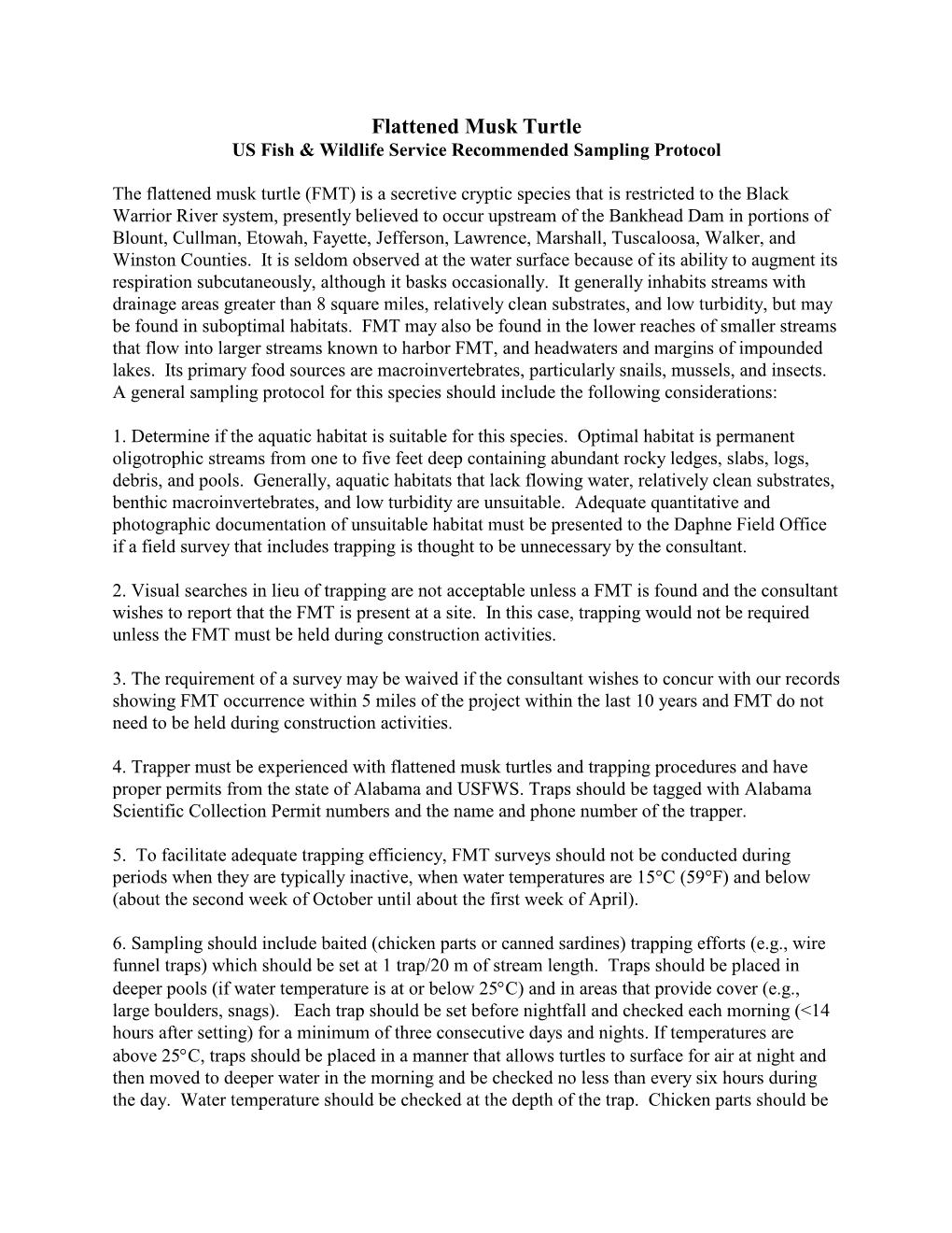 Flattened Musk Turtle US Fish & Wildlife Service Recommended Sampling Protocol