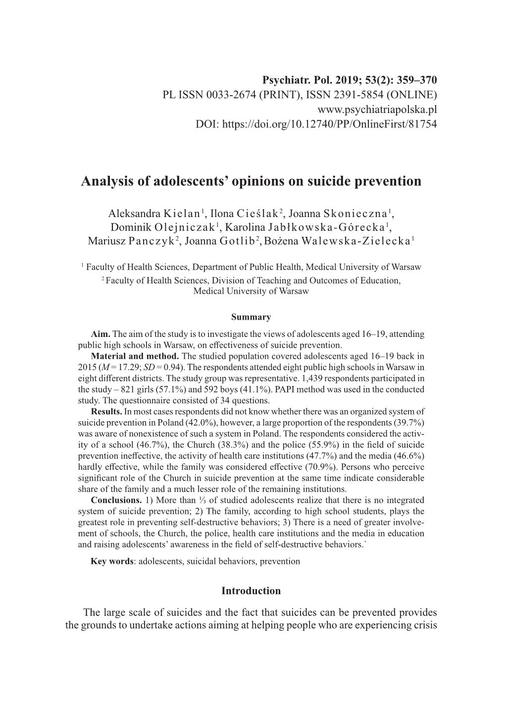 Analysis of Adolescents' Opinions on Suicide Prevention