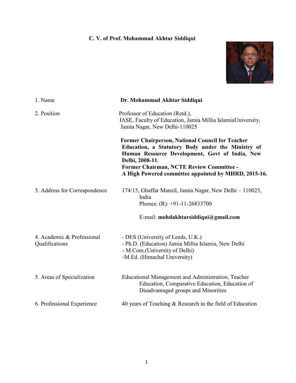 CV of Prof. Mohammad Akhtar Siddiqui