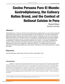 Cocina Peruana Para El Mundo: Gastrodiplomacy, the Culinary Nation Brand, and the Context of National Cuisine in Peru !"#$%&'()&*+, 6\UDFXVH8QLYHUVLW\