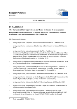 Resolution of 24 October 2019 on the Turkish Military Operation in Northeast Syria and Its Consequences (2019/2886(RSP))