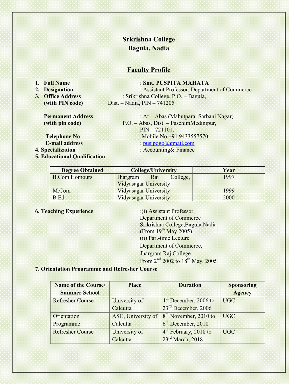 Srkrishna College Bagula, Nadia Faculty Profile