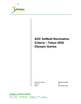 AOC Softball Nomination Criteria – Tokyo 2020 Olympic Games