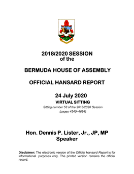 2018/2020 SESSION of the BERMUDA HOUSE of ASSEMBLY