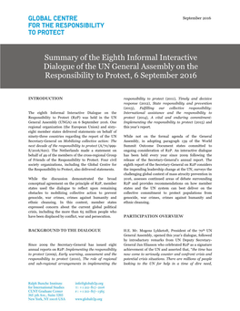 Summary of the Eighth Informal Interactive Dialogue of the UN General Assembly on the Responsibility to Protect, 6 September 2016