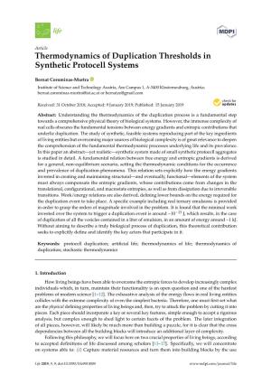 Thermodynamics of Duplication Thresholds in Synthetic Protocell Systems