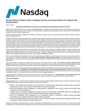 Nasdaq, SVB, Citi, Goldman Sachs, and Morgan Stanley Launch New Platform for Trading Private Company Stock