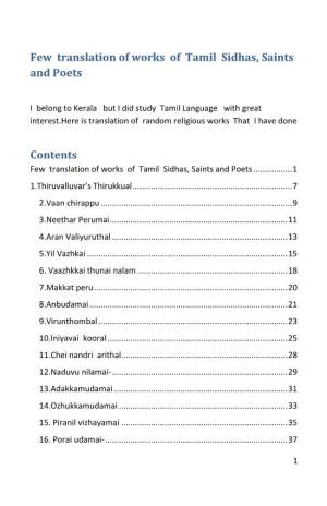 Few Translation of Works of Tamil Sidhas, Saints and Poets Contents