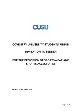 Coventry University Students' Union Invitation to Tender for the Provision of Sportswear and Sports Accessories