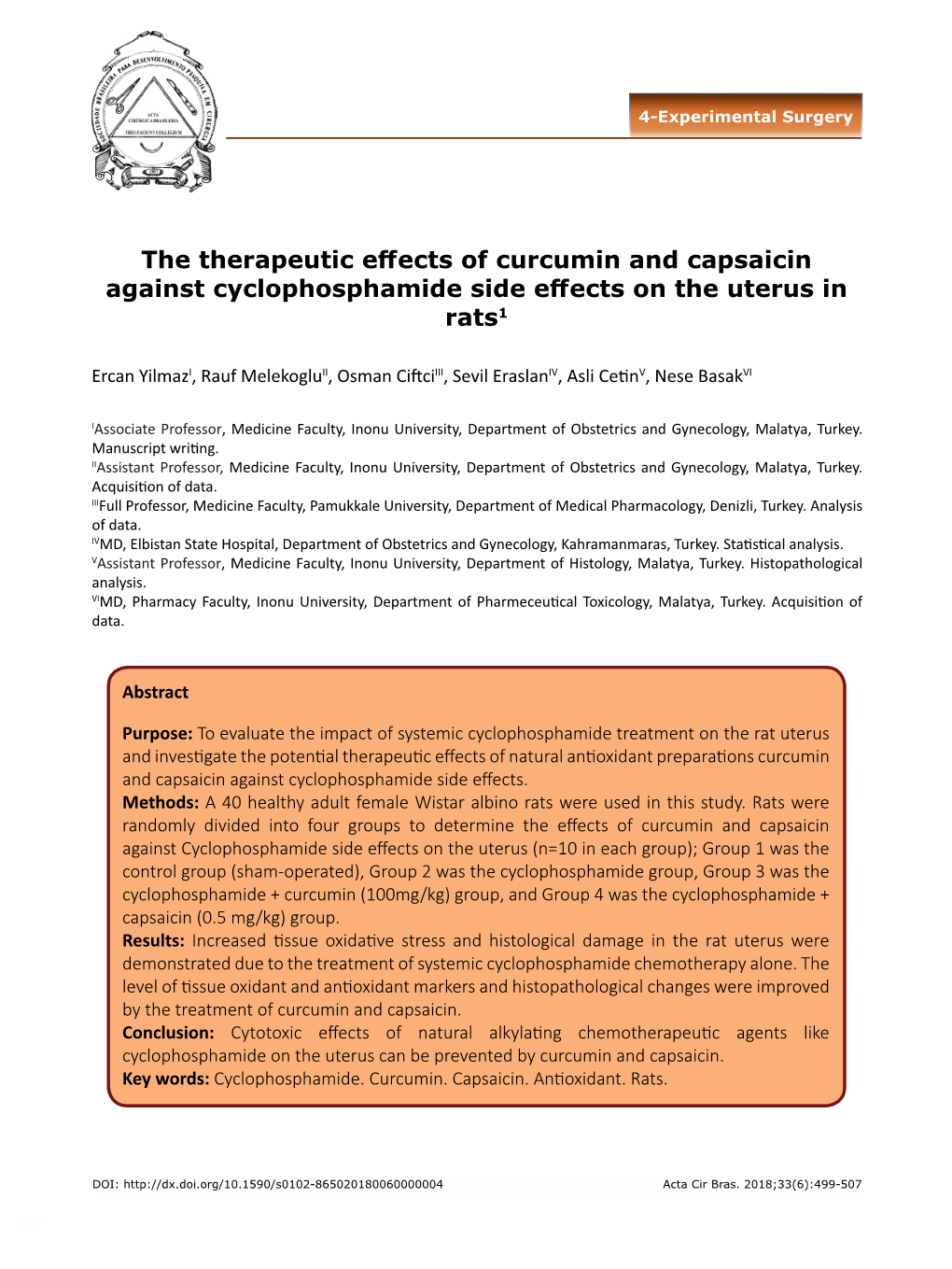 The Therapeutic Effects of Curcumin and Capsaicin Against Cyclophosphamide Side Effects on the Uterus in Rats1