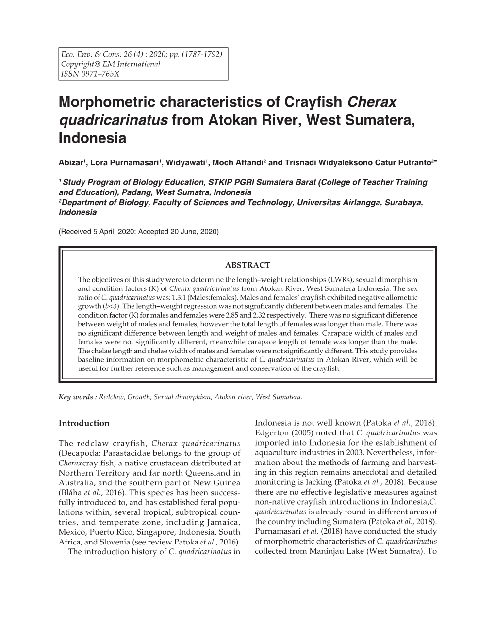Morphometric Characteristics of Crayfish Cherax Quadricarinatus from Atokan River, West Sumatera, Indonesia