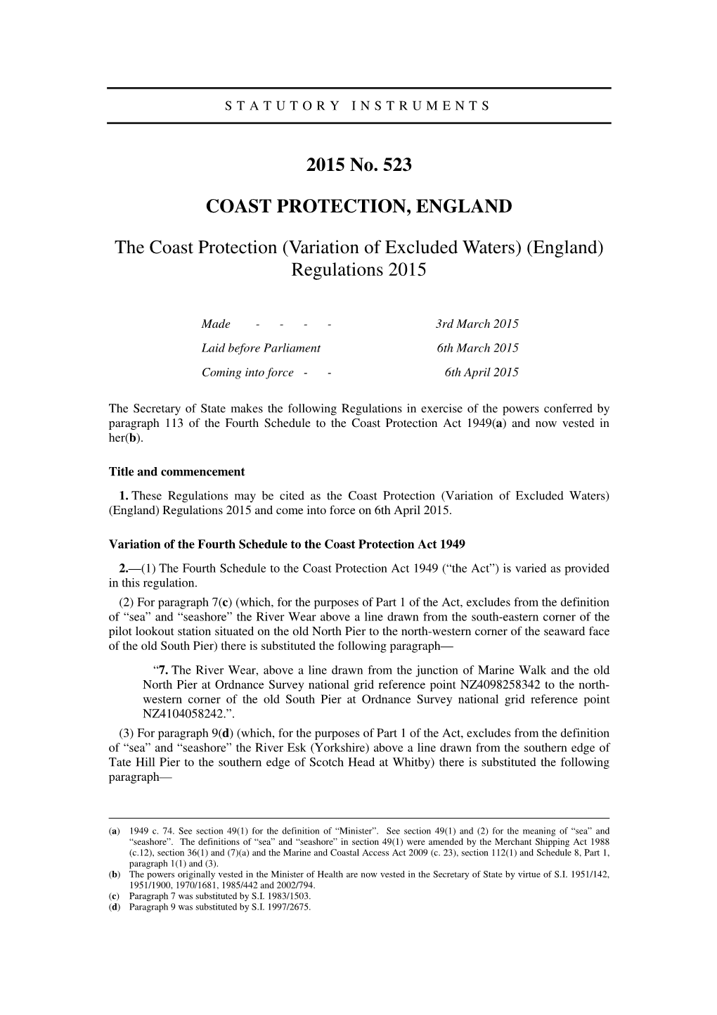 The Coast Protection (Variation of Excluded Waters) (England) Regulations 2015