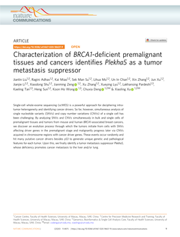 Characterization of BRCA1-Deficient Premalignant Tissues and Cancers Identifies Plekha5 As a Tumor Metastasis Suppressor