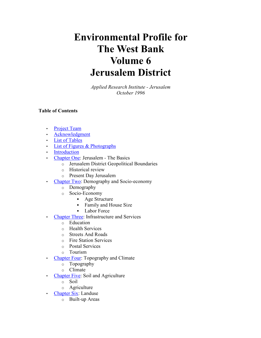 Environmental Profile for the West Bank Volume 6 Jerusalem District