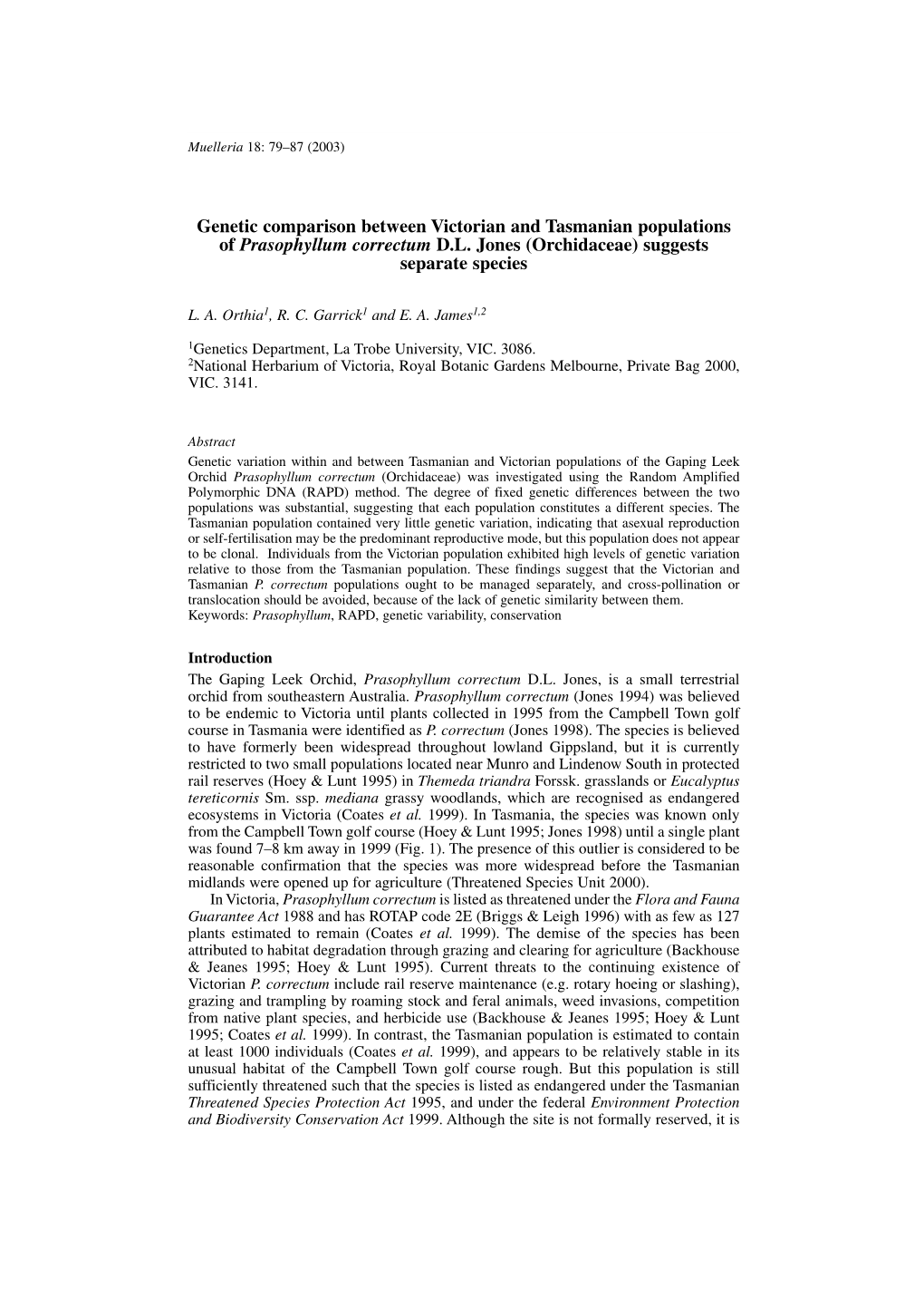 Genetic Comparison Between Victorian and Tasmanian Populations of Prasophyllum Correctum D.L