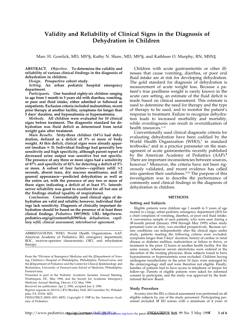 Validity and Reliability of Clinical Signs in the Diagnosis of Dehydration in Children