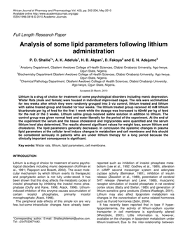 Analysis of Some Lipid Parameters Following Lithium Administration