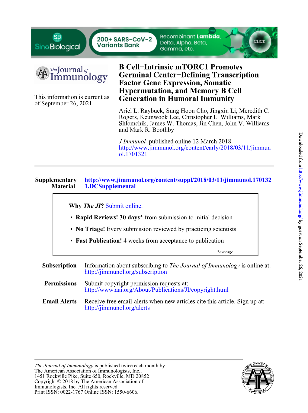 B Cell–Intrinsic Mtorc1 Promotes Germinal Center–Defining