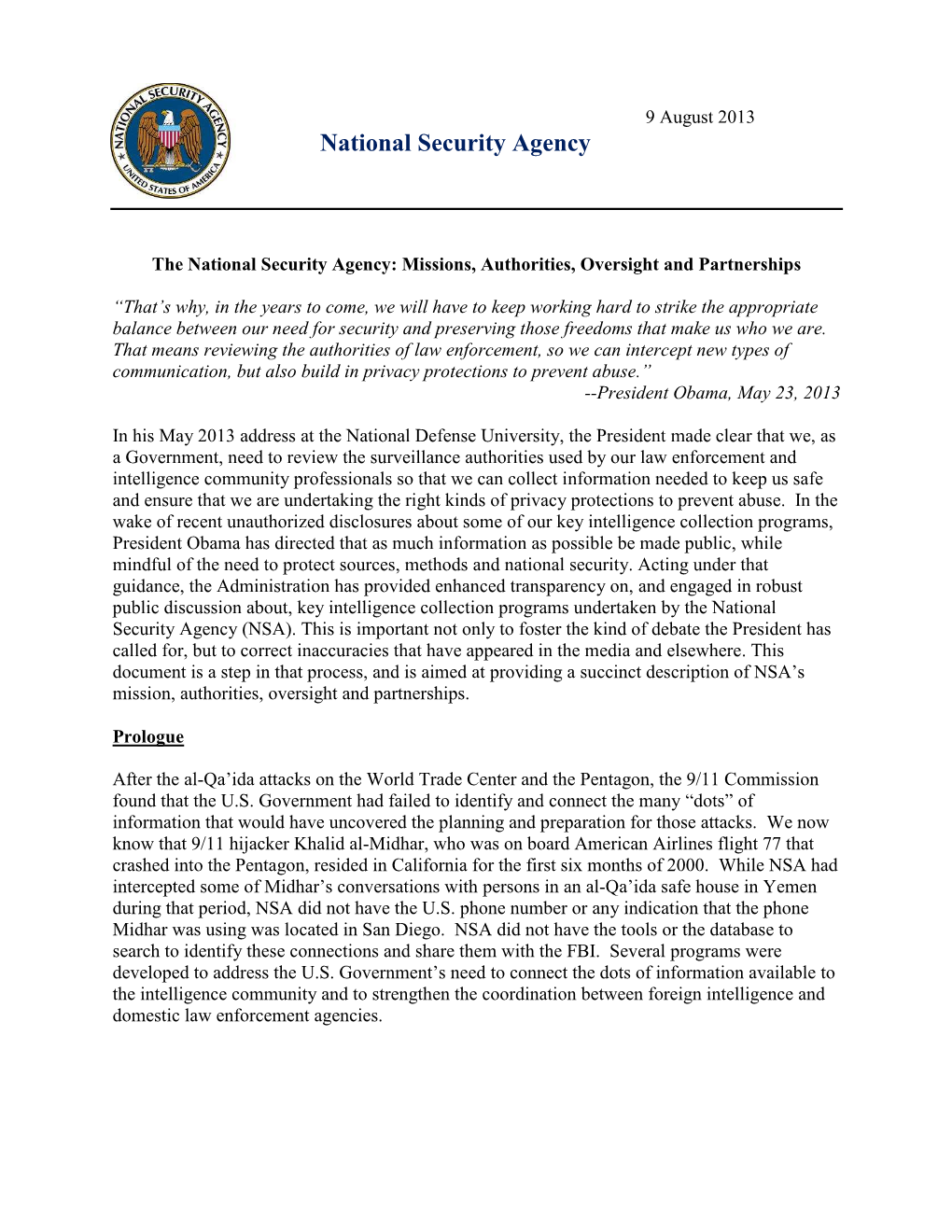 The National Security Agency: Missions, Authorities, Oversight and Partnerships