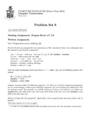 Ce 322 (0246Er ©Erc D00HP Compiler Construction Prof. Levy Problem Set 6 Due Monday 08 March Reading Assignm