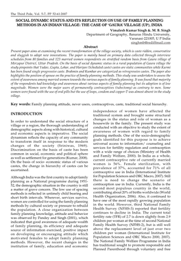 SOCIAL DYNAMIC STATUS and ITS REFLECTION on USE of FAMILY PLANNING METHODS in an INDIAN VILLAGE: the CASE of ‘GAURA’ VILLAGE (UP), INDIA Vimalesh Kumar Singh &