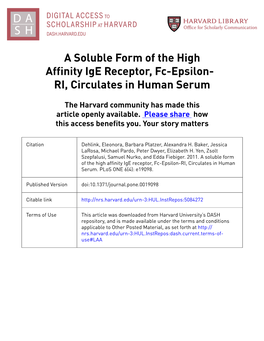 A Soluble Form of the High Affinity Ige Receptor, Fc-Epsilon- RI, Circulates in Human Serum