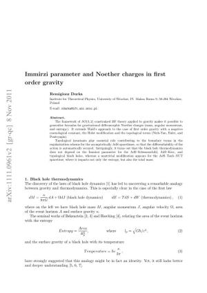 Immirzi Parameter and Noether Charges in First Order Gravity
