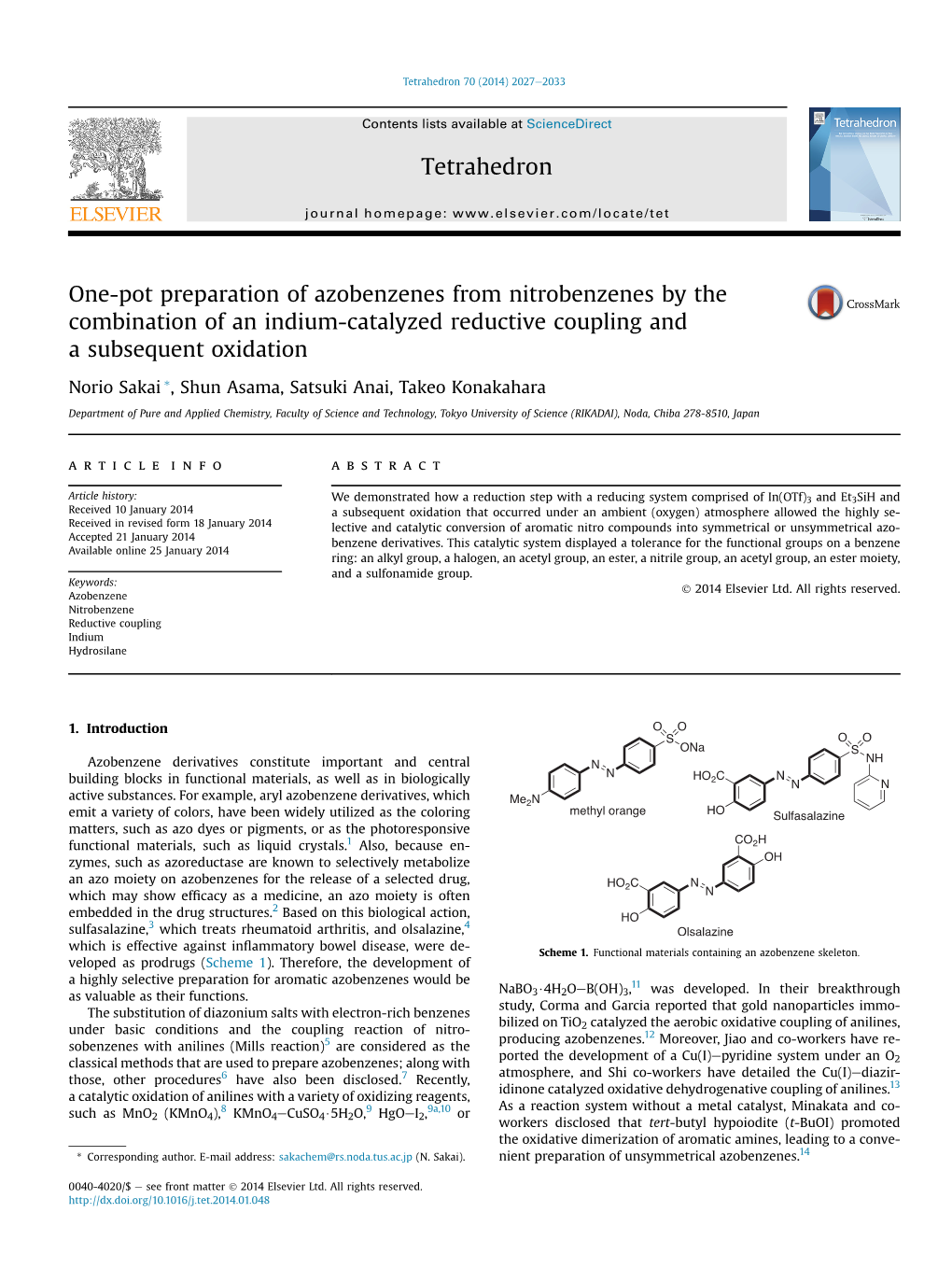 One-Pot Preparation of Azobenzenes from Nitrobenzenes by the Combination of an Indium-Catalyzed Reductive Coupling and a Subsequent Oxidation