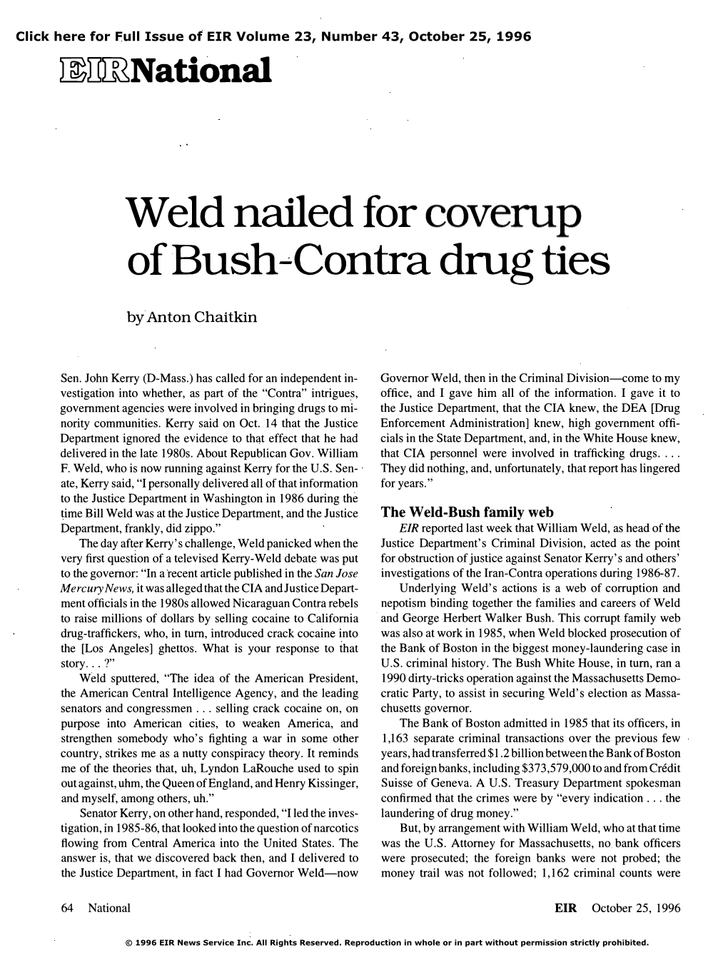 Weld Nailed for Coverup of Bush-Contra Drug Ties